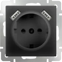 Розетка механизм Werkel 1-местная и USBх2 с заземлением, шторками черный матовый WL08-SKGS-USBx2-IP20
