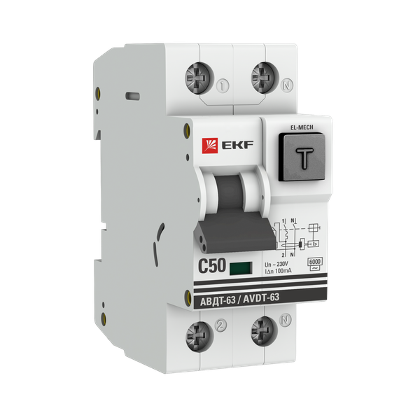 Автоматический выключатель дифференциального тока АВДТ-63 1P+N 50А характеристика C 100мА тип AС электромеханический 6кА EKF PROXIMA