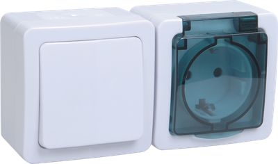 Блок горизонтальный для открытой установки БГб-22-31-ГПБд (Выключатель 1-клавишный + розетка 1-местная с заземляющим контактом) IP54 ГЕРМЕС PLUS (белый/дымчатый) IEK