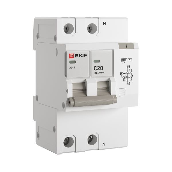 Автоматический выключатель дифференциального тока АД-2 2Р 20А характеристика C 30мА тип АС электронный 6кА PROXIMA EKF