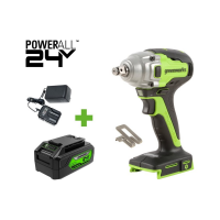 Гайковерт ударный GreenWorks GD24IW400, 24V, б/щет, 0-2800об/мин, 4000уд/мин, 1/2'', 400Нм, 1x4Ач, З