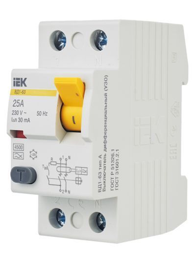 Выключатель дифференциальный (УЗО) ВД1-63 2Р 25А 30мА тип А IEK
