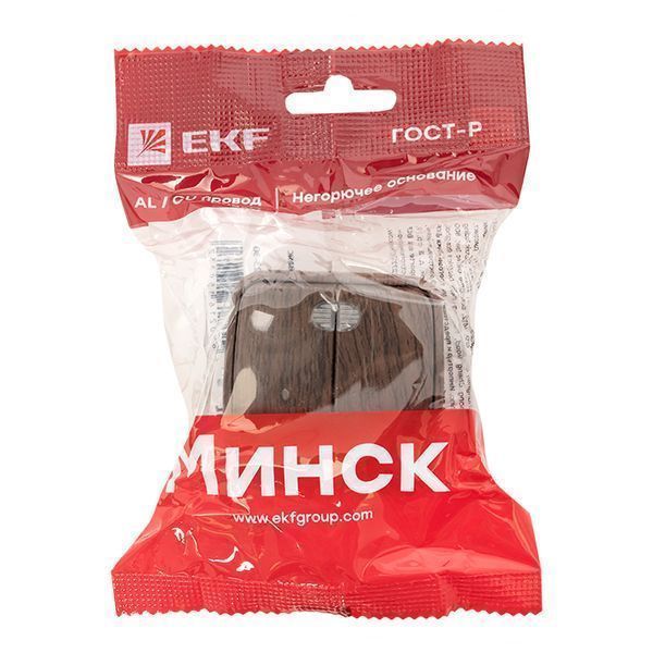 Выключатель 2-клавишный ОП Минск 10А с индикатором тёмное дерево EKF