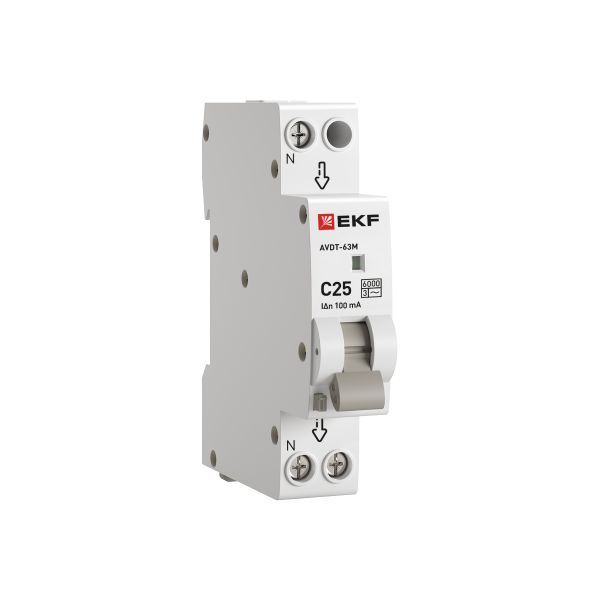 Диф. автомат  2П  25А 100мА (1мод., хар.С, электронный тип АС) 6кА EKF PROxiмА АВДТ-63М