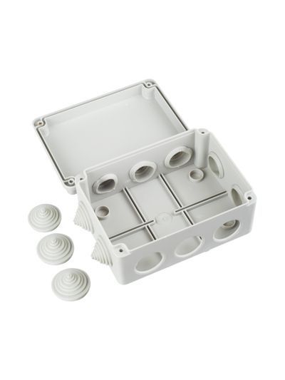 Коробка распаячная КМ41241 для открытой проводки безгалогенная (HF) 150х110х70мм IP44 10 гермовводов серая IEK