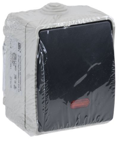 FORS Выключатель 1-клавишный проходной с индикацией для открытой установки 10А IP54 ВС20-1-1-ФСр серый IEK