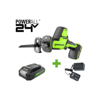 Пила сабельная GreenWorks GPT-CRS-25, 24V, б/щет, 0-3000/мин, рез 80мм по дереву, LED, 1x2Ач, ЗУ, ко