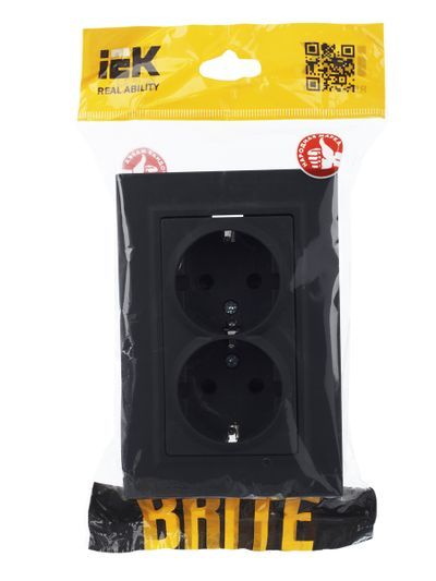 BRITE Розетка 2-местная с заземлением с защитными шторками 16А в сборе РСш12-3-БрГ графит IEK