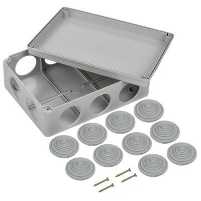 Коробка распаячная КМ41244 для открытой проводки безгалогенная (HF) 190х140х70мм IP55 10 гермовводов серая IEK