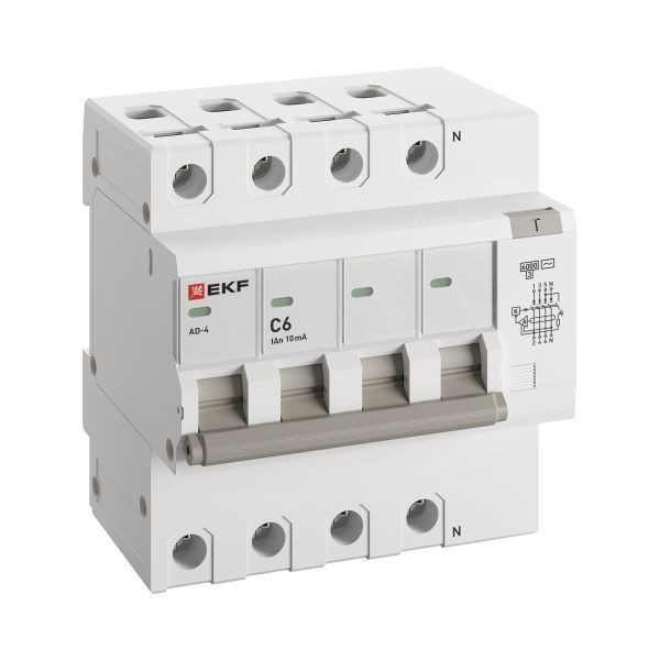 Автоматический выключатель дифференциального тока АД-4 4Р 6А характеристика C 10мА тип АС электронный 6кА PROXIMA EKF