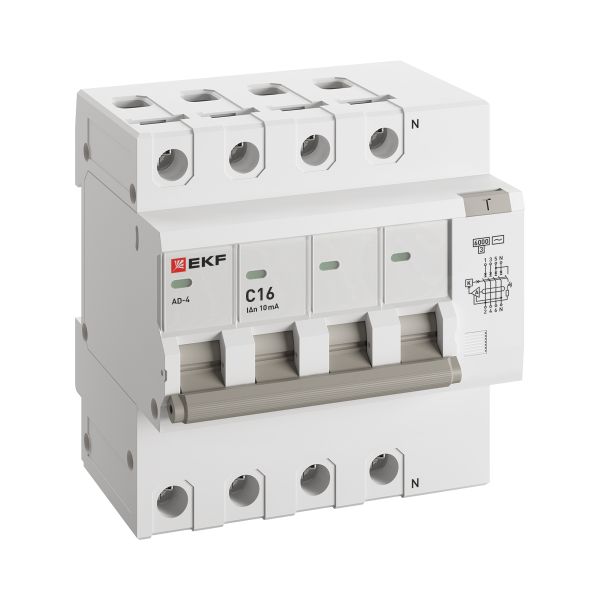 Автоматический выключатель дифференциального тока АД-4 4Р 16А характеристика C 10мА тип АС электронный 6кА PROXIMA EKF