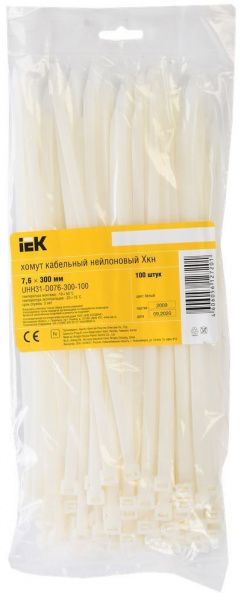 Хомут (стяжка)  нейлон   7,6 х 300  бел.  (100шт)  IEK UHH31-D076-300-100