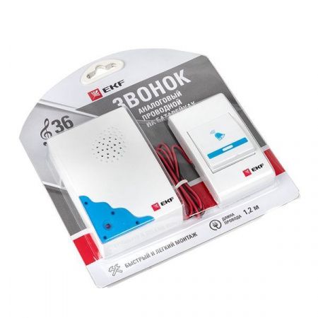 Звонок проводной на батарейках (бел.-голуб. 36 мелод. шнур 1.2м. с индик. 2x1,5В АА) EKF Basic