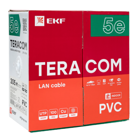 Кабель витая пара U/UTP кат.5E 4 пары solid PVC сер. TERACOM EKF TRC-5EUTP-04PVC-GY-IN3
