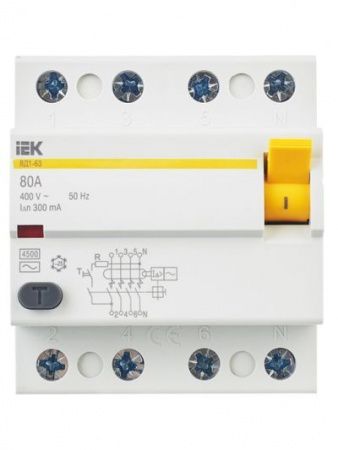 Выключатель дифференциальный (УЗО) ВД1-63 4Р 80А 300мА IEK