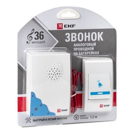 Звонок проводной на батарейках (бел.-голуб. 36 мелод. шнур 1.2м. с индик. 2x1,5В АА) EKF Basic