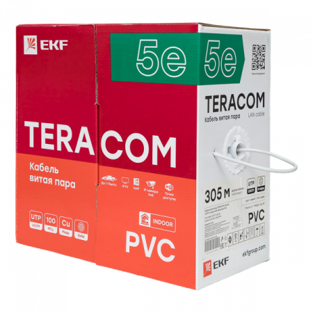 Кабель витая пара TERACOM Cat.5E U/UTP 4 пары solid оболочка PVC цвет серый (упак. 305м)