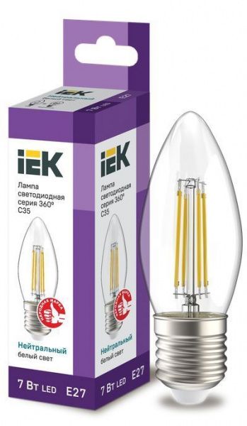 IEK LED C35 7Вт E27 4000К  230В  свеча прозр. серия 360° Филаментная