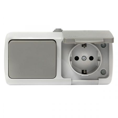 Мурманск Блок розетка 1-м 16А с заземлением с крышкой+ 1-кл выключатель IP54 серый EKF