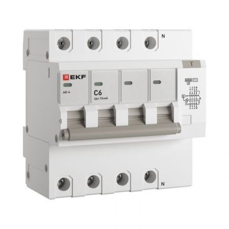 Автоматический выключатель дифференциального тока АД-4 4Р 6А характеристика C 10мА тип АС электронный 6кА PROXIMA EKF