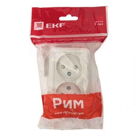 Рим Розетка 2-местная 10А без заземления белая с защ. штор. EKF