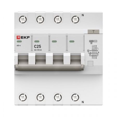 Автоматический выключатель дифференциального тока АД-4 4P 25А характеристика C 30мА тип АС электронный 6кА PROXIMA EKF