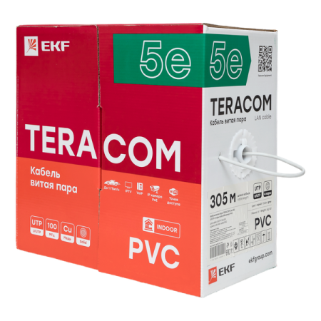 Кабель витая пара U/UTP кат.5E 4 пары solid PVC сер. TERACOM EKF TRC-5EUTP-04PVC-GY-IN3