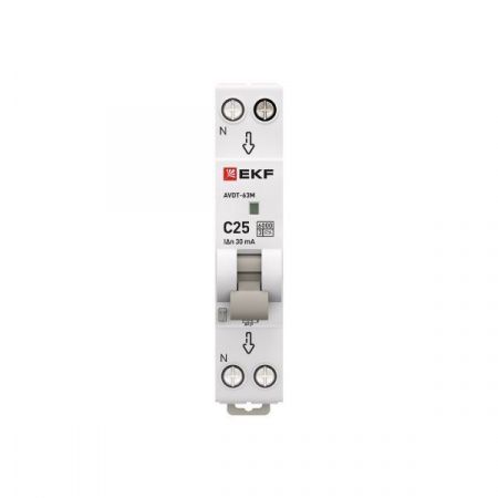 Автоматический выключатель дифференциального тока АВДТ-63М 1P+N 18мм 25А характеристика С 30мА тип A электронный 6кА PROXIMA EKF