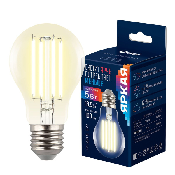 Лампа светодиодная Uniel E27 5W 3000K прозрачная LED-A60-5W/3000K/E27/CL GLY01TR UL-00011932