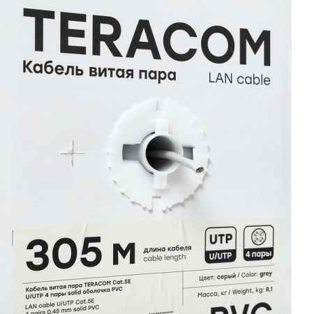 Кабель витая пара U/UTP кат.5E 4 пары solid PVC сер. TERACOM EKF TRC-5EUTP-04PVC-GY-IN3