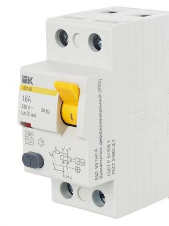 Выключатель дифференциальный (УЗО) ВД1-63 2Р 16А 30мА тип А IEK